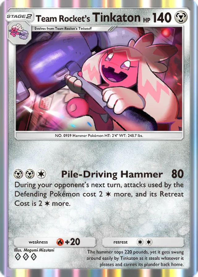 Team Rocket’s Tinkaton, Team Rocket’s Ambition #050, Stage 2 Metal Pokémon, illustrated by Megumi Mizutani