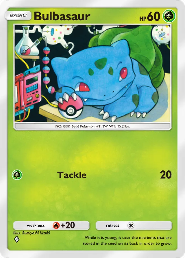 Bulbasaur, Crimson Blaze #001, Basic Grass Pokémon, illustrated by Sumiyoshi Kizuki