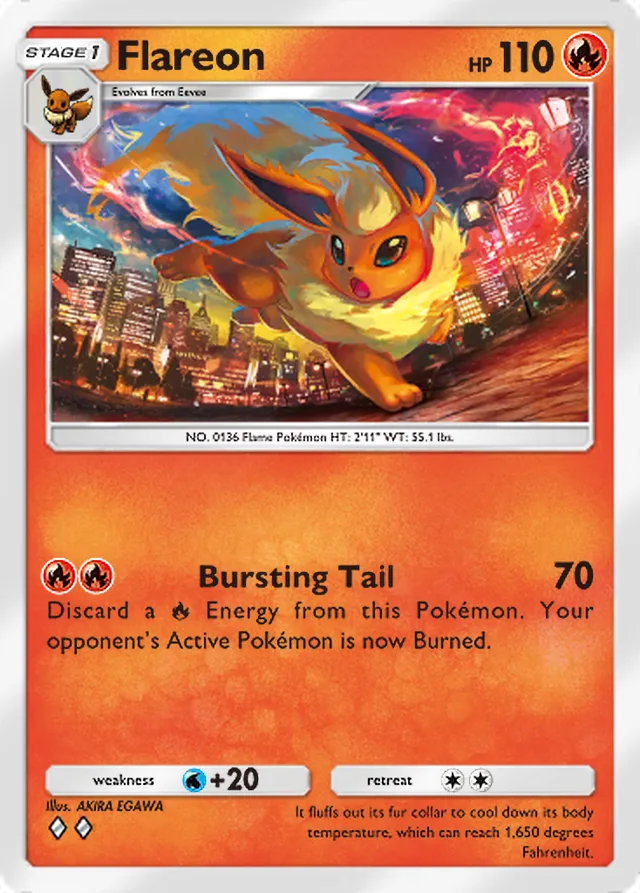 Flareon, Ruler of the Skies #022, Stage 1 Fire Pokémon, illustrated by AKIRA EGAWA