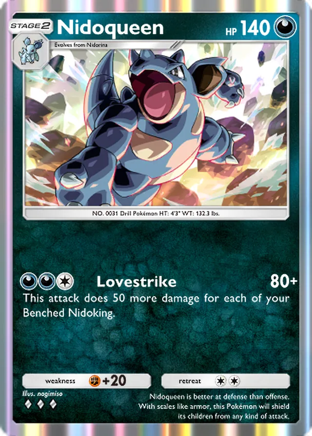 Nidoqueen, Genetic Apex #168, Stage 2 Darkness Pokémon, illustrated by nagimiso