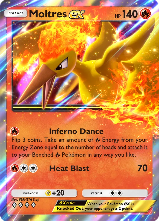 Moltres ex, Genetic Apex #047, Basic Fire Pokémon, illustrated by PLANETA Tsuji