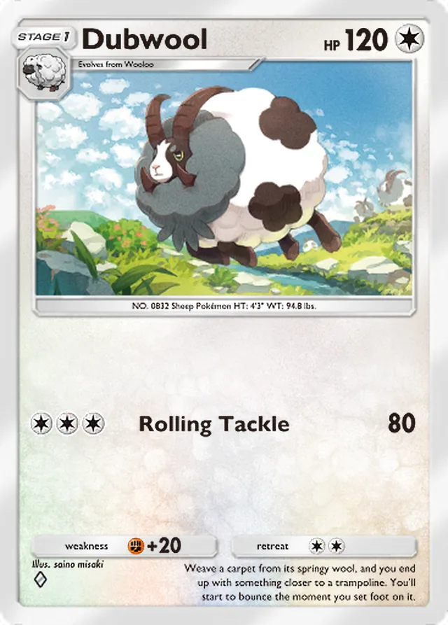 Dubwool, Genetic Apex #215, Stage 1 Colorless Pokémon, illustrated by saino misaki