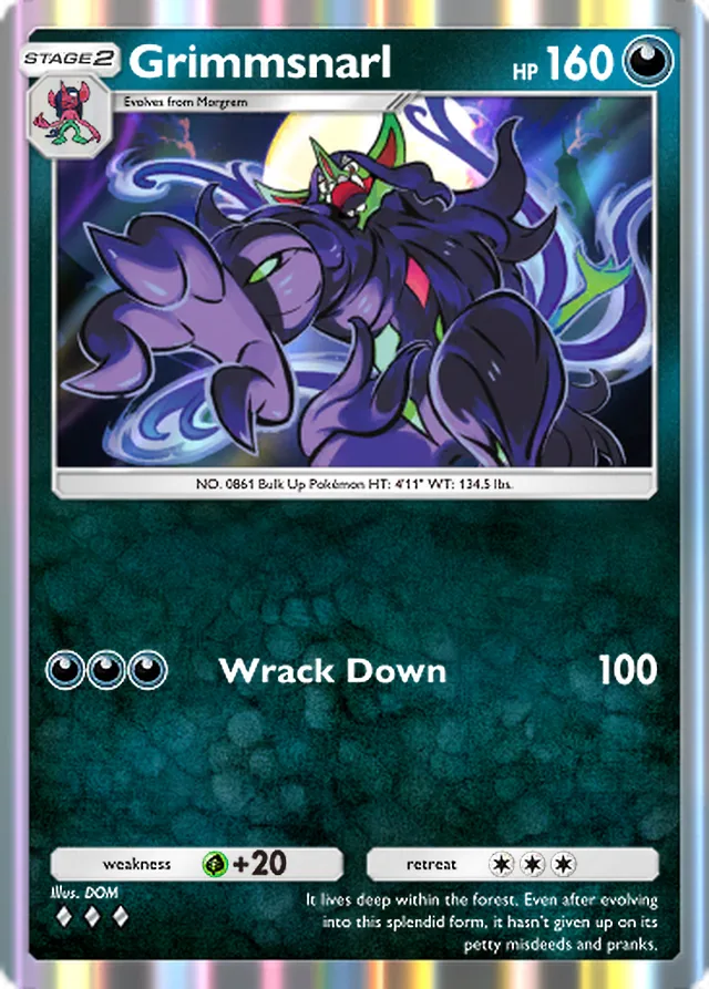 Grimmsnarl, Mega Rising #165, Stage 2 Darkness Pokémon, illustrated by DOM