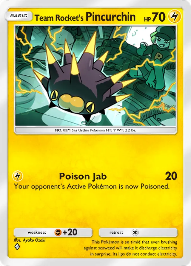 Team Rocket’s Pincurchin, Team Rocket’s Ambition #024, Basic Lightning Pokémon, illustrated by Ayako Ozaki