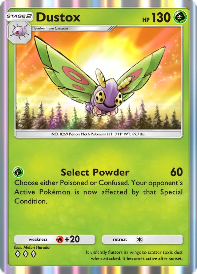 Dustox, Mega Rising #007, Stage 2 Grass Pokémon, illustrated by Midori Harada