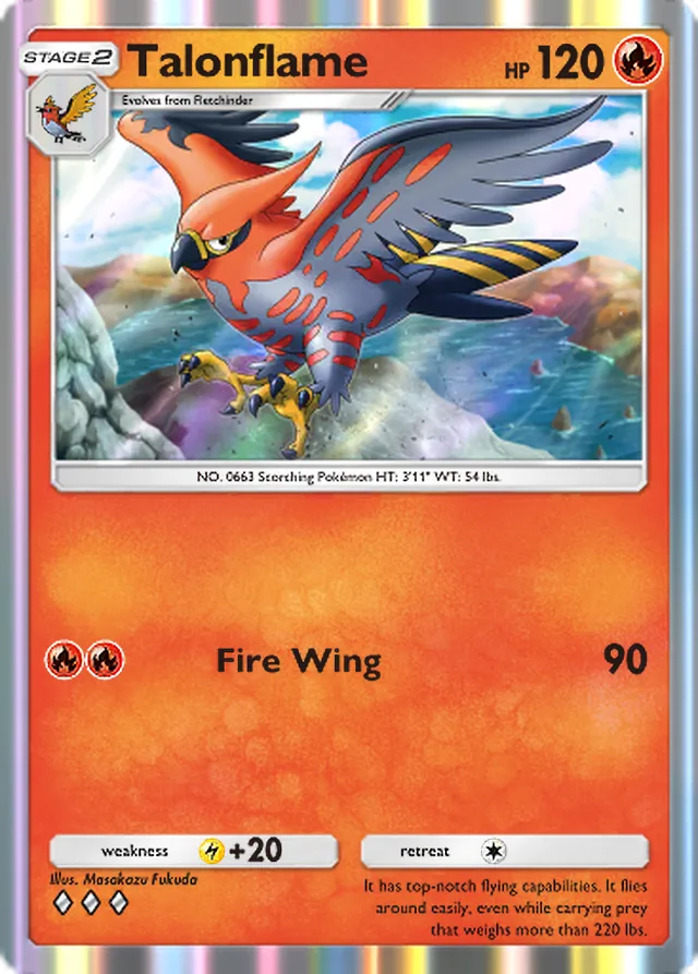 Talonflame, Celestial Guardians #029, Stage 2 Fire Pokémon, illustrated by Masakazu Fukuda