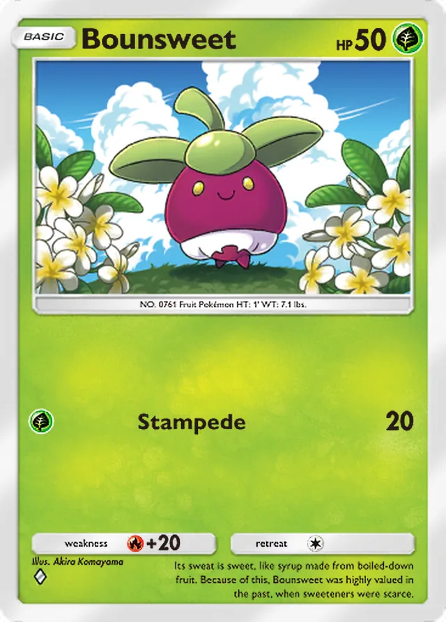 Bounsweet, Celestial Guardians #018, Basic Grass Pokémon, illustrated by Akira Komayama