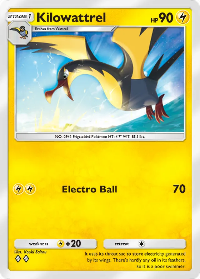 Kilowattrel, Ruler of the Skies #063, Stage 1 Lightning Pokémon, illustrated by Kouki Saitou