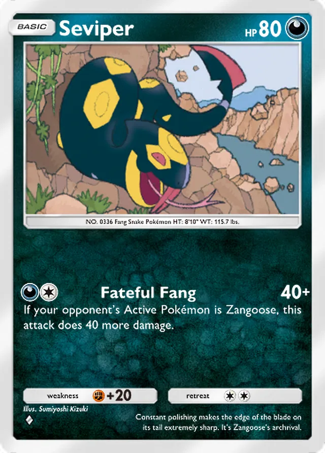 Seviper, Secluded Springs #048, Basic Darkness Pokémon, illustrated by Sumiyoshi Kizuki