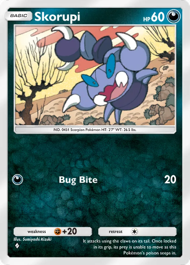Skorupi, Mega Rising #152, Basic Darkness Pokémon, illustrated by Sumiyoshi Kizuki