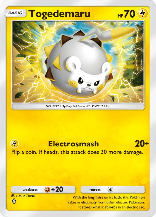 Togedemaru, Celestial Guardians #067, Basic Lightning Pokémon, illustrated by Misa Tsutsui