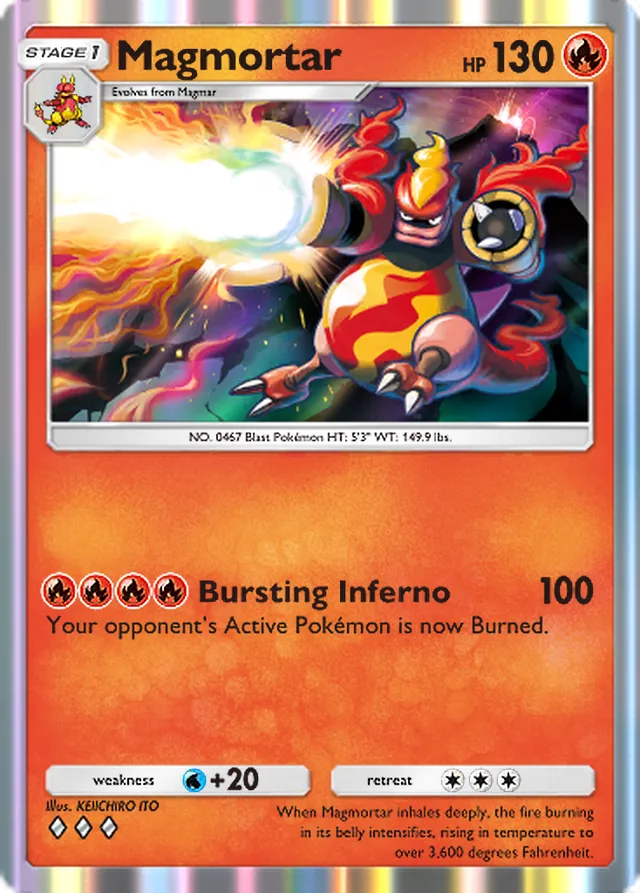Magmortar, Space-Time Smackdown #024, Stage 1 Fire Pokémon, illustrated by KEIICHIRO ITO