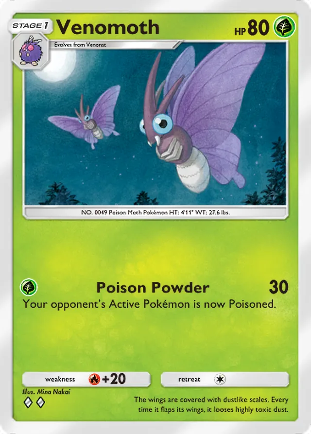 Venomoth, Genetic Apex #017, Stage 1 Grass Pokémon, illustrated by Mina Nakai