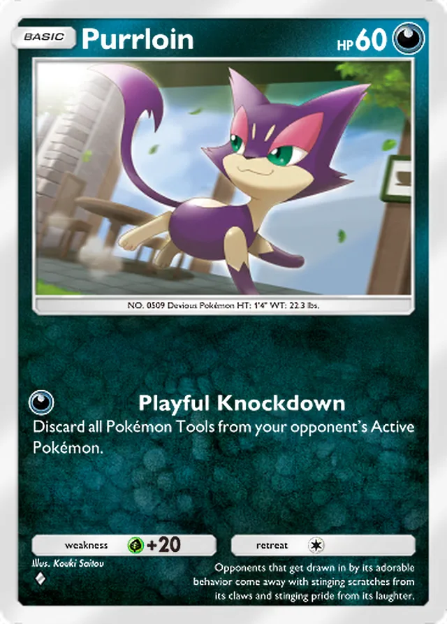 Purrloin, Eevee Grove #045, Basic Darkness Pokémon, illustrated by Kouki Saitou