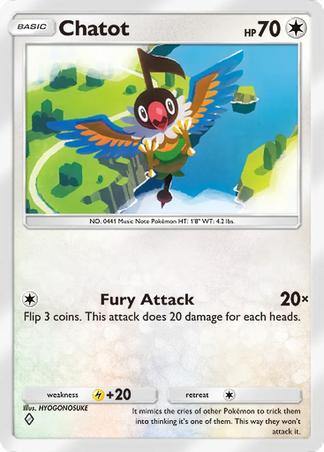 Chatot, Space-Time Smackdown #141, Basic Colorless Pokémon, illustrated by HYOGONOSUKE