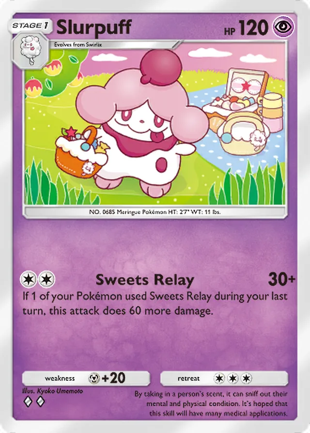 Slurpuff, Eevee Grove #032, Stage 1 Psychic Pokémon, illustrated by Kyoko Umemoto