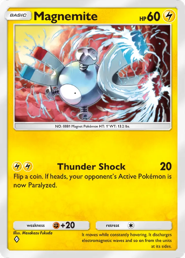 Magnemite, Pulsing Aura #052, Basic Lightning Pokémon, illustrated by Masakazu Fukuda