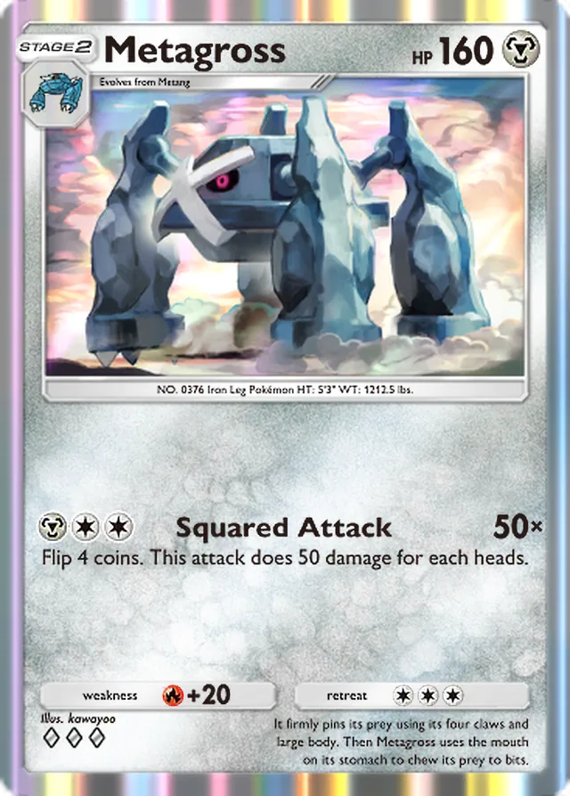 Metagross, Ruler of the Skies #108, Stage 2 Metal Pokémon, illustrated by kawayoo
