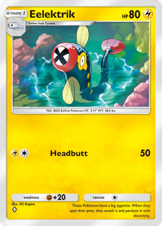 Eelektrik, Ruler of the Skies #057, Stage 1 Lightning Pokémon, illustrated by NC Empire