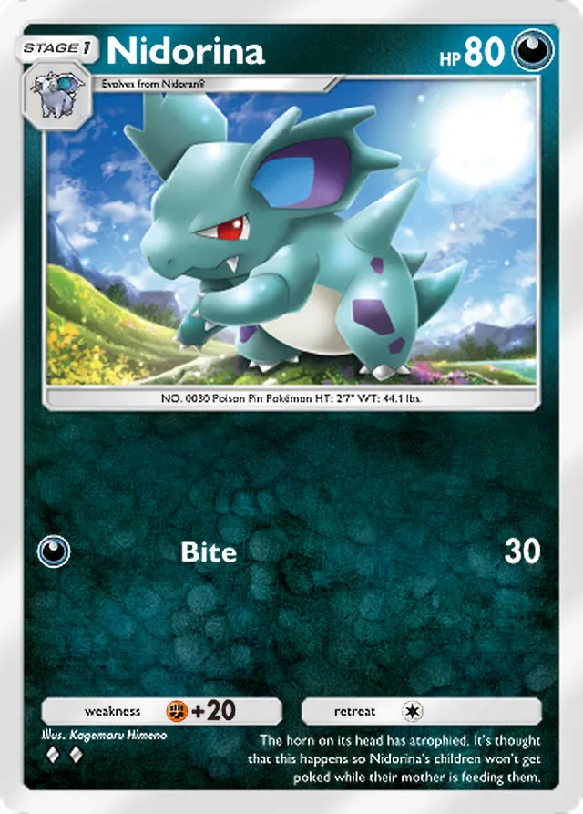 Nidorina, Genetic Apex #167, Stage 1 Darkness Pokémon, illustrated by Kagemaru Himeno