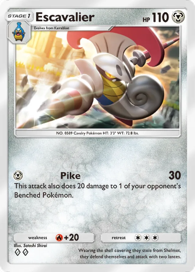 Escavalier, Celestial Guardians #120, Stage 1 Metal Pokémon, illustrated by Satoshi Shirai