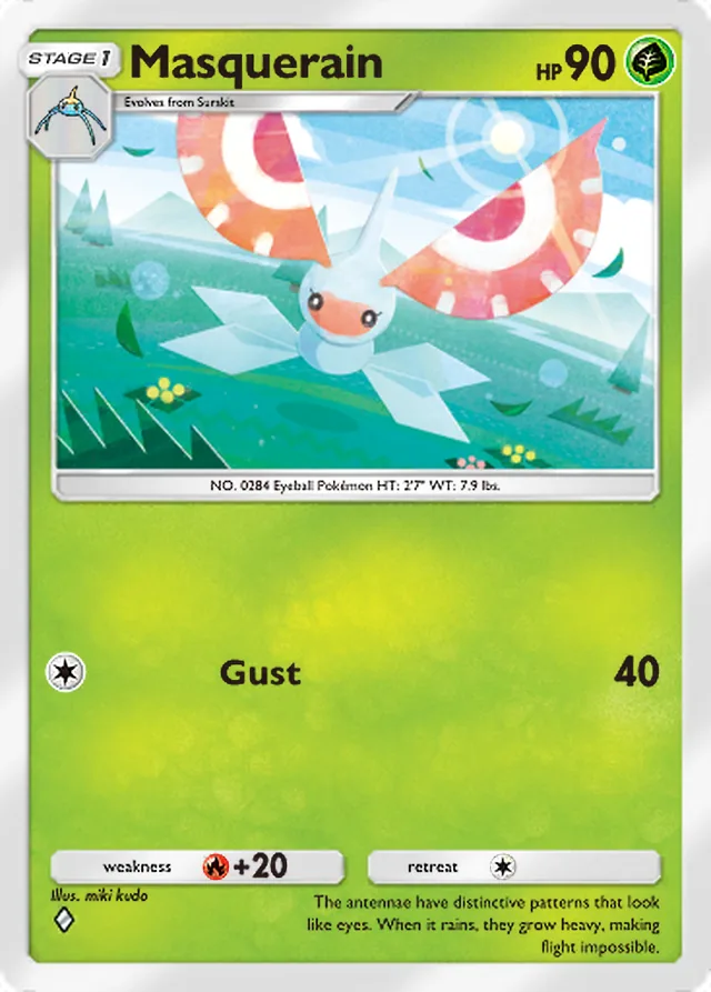 Masquerain, Pulsing Aura #010, Stage 1 Grass Pokémon, illustrated by miki kudo