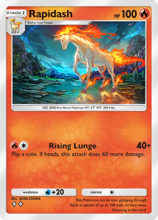 Rapidash, Mythical Island #011, Stage 1 Fire Pokémon, illustrated by AKIRA EGAWA