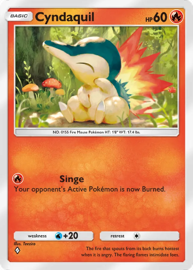 Cyndaquil, Ruler of the Skies #024, Basic Fire Pokémon, illustrated by Teeziro
