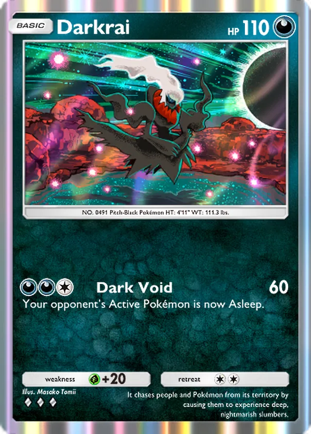 Darkrai, Space-Time Smackdown #109, Basic Darkness Pokémon, illustrated by Masako Tomii