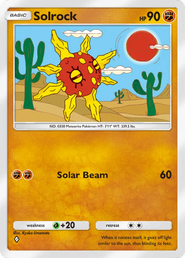 Solrock, Celestial Guardians #092, Basic Fighting Pokémon, illustrated by Kyoko Umemoto