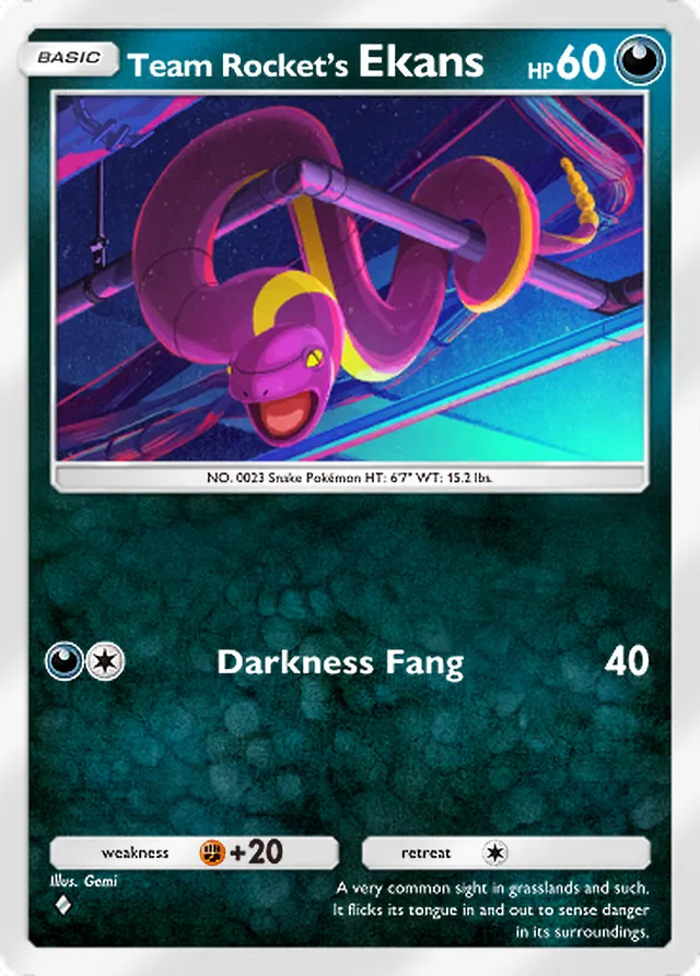 Team Rocket’s Ekans, Team Rocket’s Ambition #038, Basic Darkness Pokémon, illustrated by Gemi