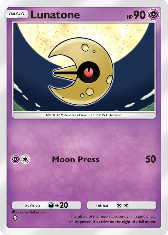 Lunatone, Celestial Guardians #073, Basic Psychic Pokémon, illustrated by Hisao Nakamura