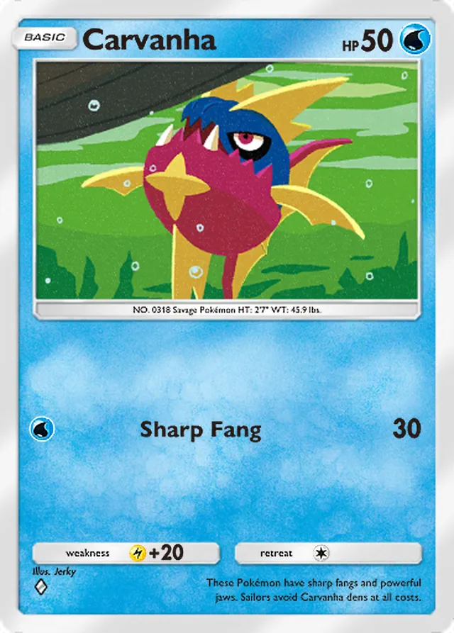 Carvanha, Ruler of the Skies #034, Basic Water Pokémon, illustrated by Jerky