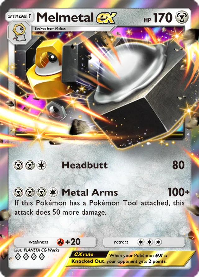 Melmetal ex, Mega Rising #174, Stage 1 Metal Pokémon, illustrated by PLANETA CG Works