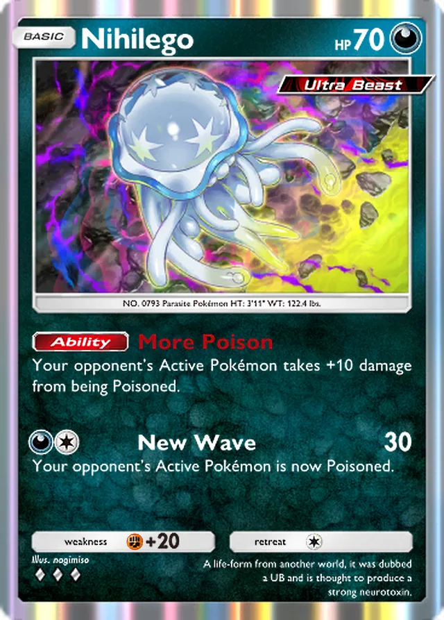 Nihilego, Extradimensional Crisis #042, Basic Darkness Pokémon, illustrated by nagimiso