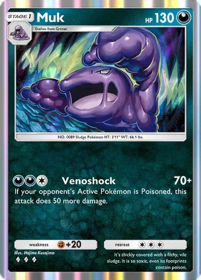 Muk, Genetic Apex #175, Stage 1 Darkness Pokémon, illustrated by Hajime Kusajima