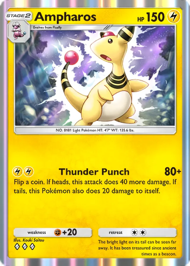 Ampharos, Wisdom of Sea and Sky #069, Stage 2 Lightning Pokémon, illustrated by Kouki Saitou