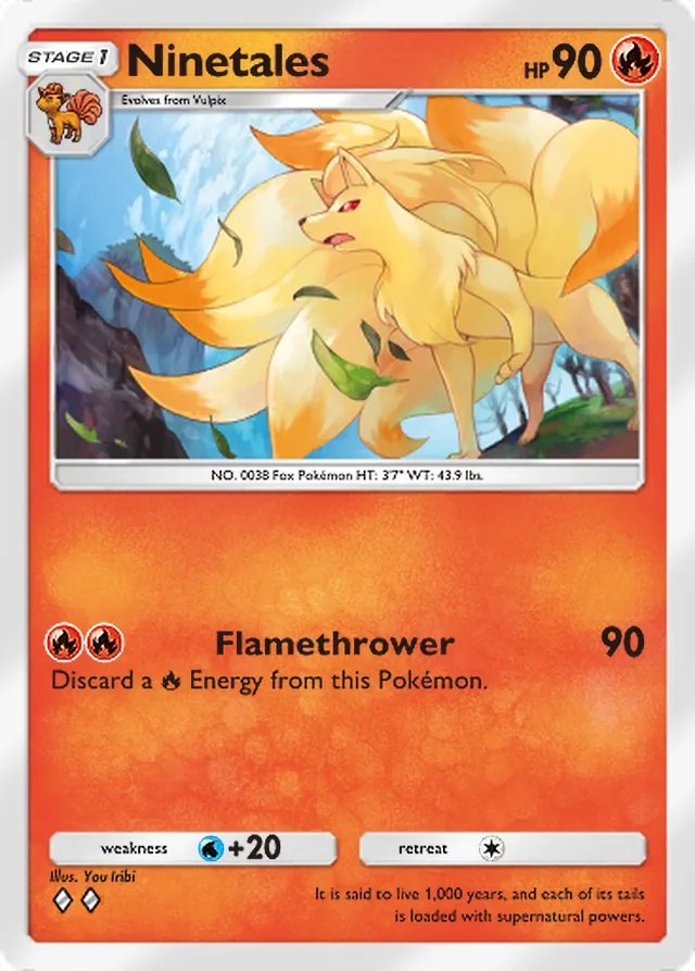 Ninetales, Genetic Apex #038, Stage 1 Fire Pokémon, illustrated by You Iribi