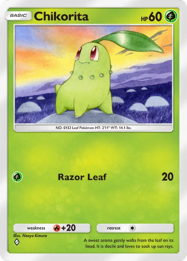 Chikorita, Wisdom of Sea and Sky #008, Basic Grass Pokémon, illustrated by Naoyo Kimura