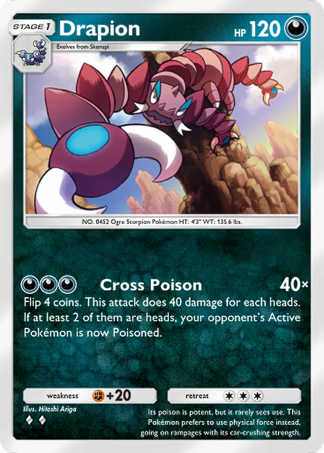 Drapion, Space-Time Smackdown #106, Stage 1 Darkness Pokémon, illustrated by Hitoshi Ariga