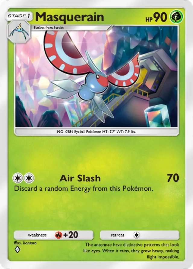 Masquerain, Paradox Drive #002, Stage 1 Grass Pokémon, illustrated by kantaro