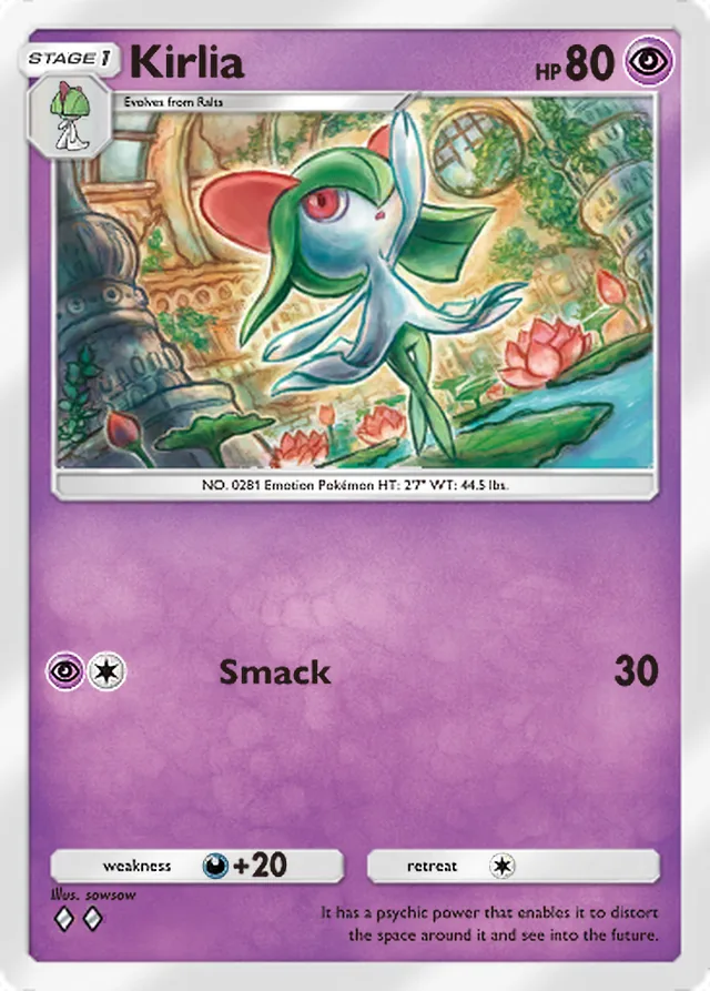 Kirlia, Genetic Apex #131, Stage 1 Psychic Pokémon, illustrated by sowsow