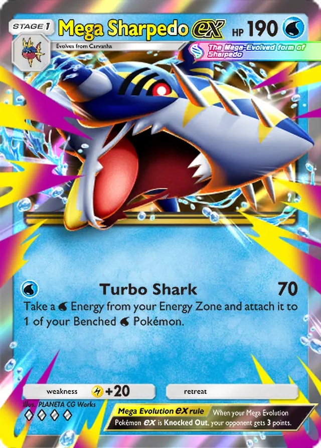 Mega Sharpedo ex, Ruler of the Skies #035, Stage 1 Water Pokémon, illustrated by PLANETA CG Works