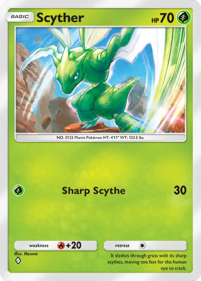 Scyther, Genetic Apex #025, Basic Grass Pokémon, illustrated by Hasuno