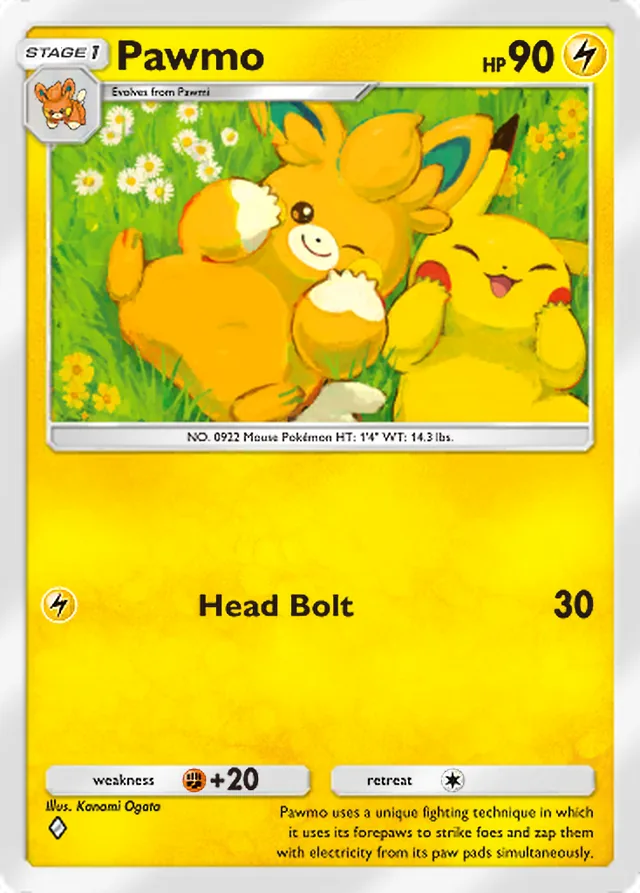 Pawmo, Paldean Wonders #039, Stage 1 Lightning Pokémon, illustrated by Kanami Ogata