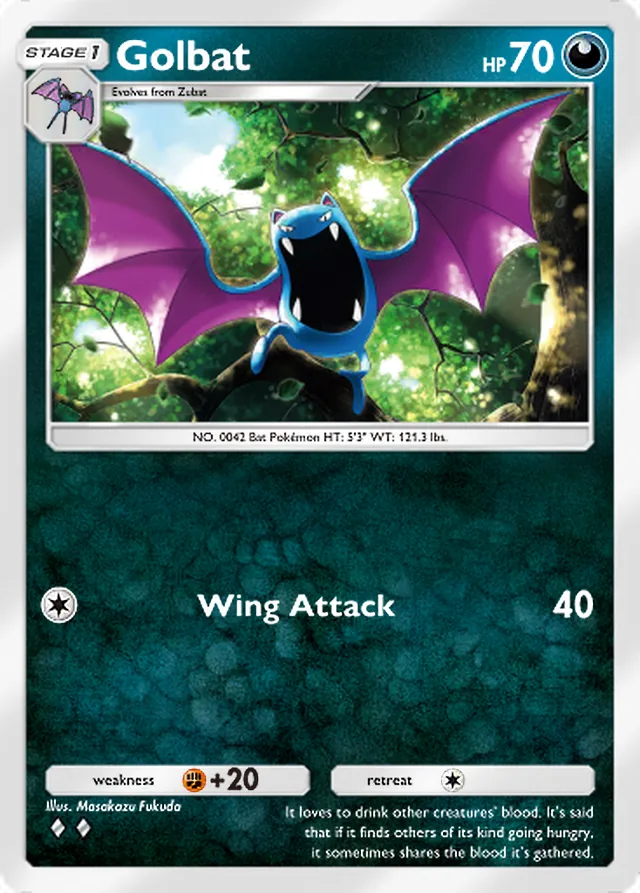 Golbat, Genetic Apex #173, Stage 1 Darkness Pokémon, illustrated by Masakazu Fukuda