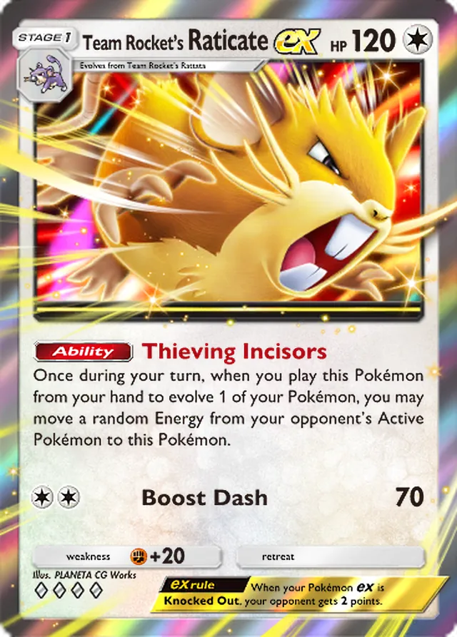 Team Rocket’s Raticate ex, Team Rocket’s Ambition #059, Stage 1 Colorless Pokémon, illustrated by PLANETA CG Works