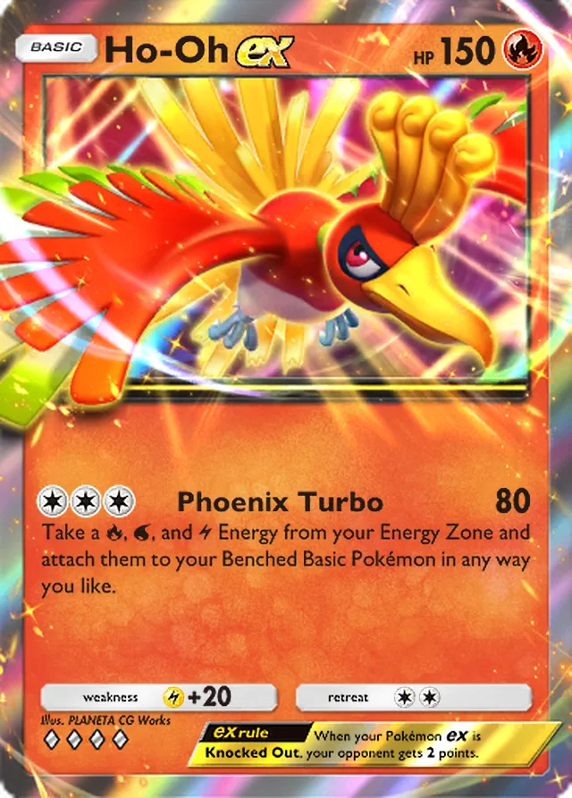 Ho-Oh ex, Wisdom of Sea and Sky #034, Basic Fire Pokémon, illustrated by PLANETA CG Works
