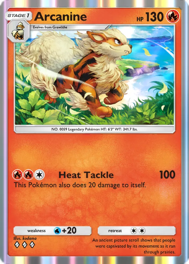 Arcanine, Genetic Apex #040, Stage 1 Fire Pokémon, illustrated by kodama