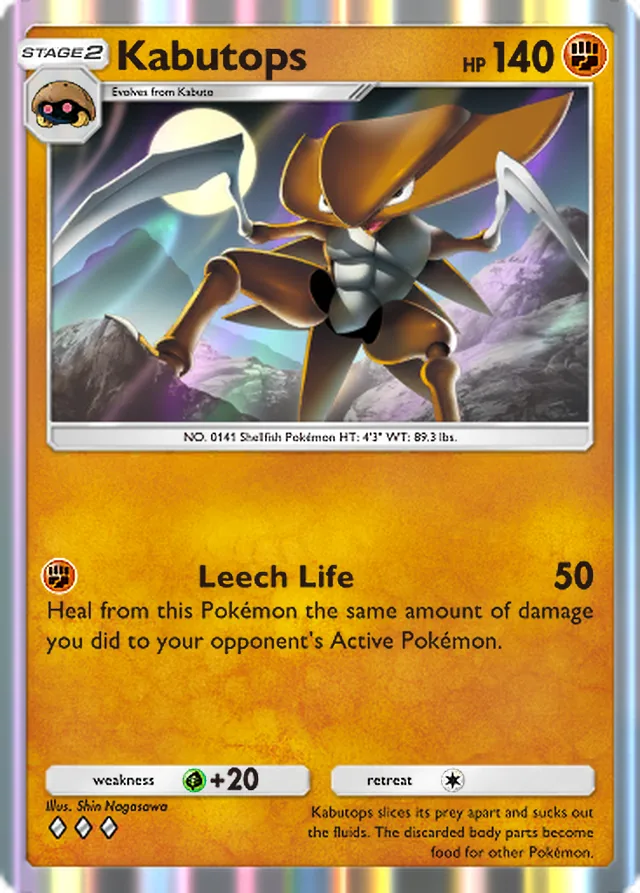 Kabutops, Genetic Apex #159, Stage 2 Fighting Pokémon, illustrated by Shin Nagasawa